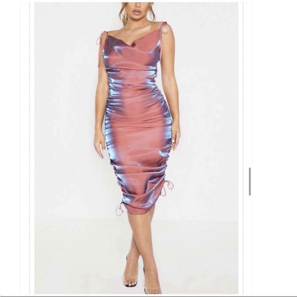 PrettyLittleThing Pink Metallic Shimmer Tie Strap Cowl Neck Midi Dress